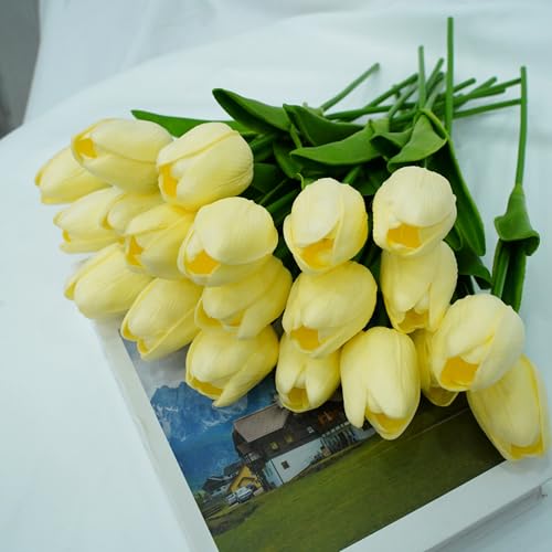 20pcs Fake Tulips Artificial Flowers Faux Flowers PU Faux tulips 13 Inch Mother's Day Easter Valentine’S Day Gifts in Home Kitchen Spring Decorations For Home (Cream) - color: Cream