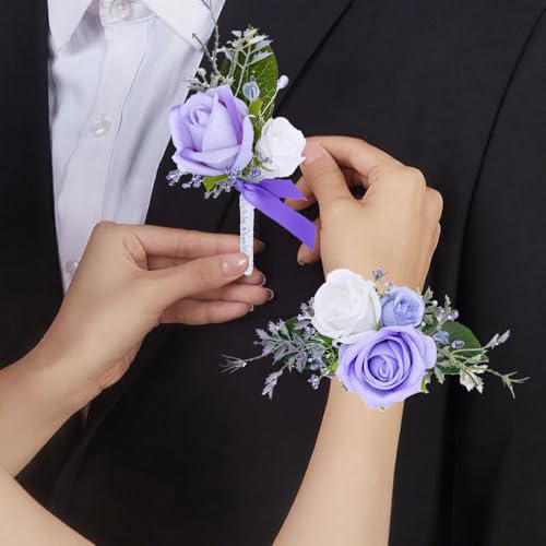 Rose Corsage and Boutonniere Set, 2PCS Handmade Artificial Flower Bride Wrist Corsage Wristlet Bracelets Wristband Men Boutonniere for Wedding Prom Suit Decorations (Purple) - color: Purple
