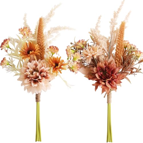 Joeabor Fake Flower Bouquet, Faux Flower Arrangement for Decorating Kitchens, Bedrooms, Bathrooms, Realistic Artificial Flowers Made of Silk & Plastic, Floral Decoration with Dahlia & Small Blossoms - color: Light Coffee & Dark Coffee