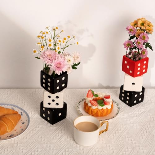 MOUGIGI Unique Handmade Dice Vase - Stylish Black & White Ceramic Decor for Home, Bar | Geometric Design Perfect for Fresh, Dried, or Artificial Flowers | Eye-Catching Centerpiece & Decorative Accent - color: Black and White Dice Vase