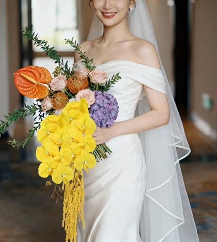 35.4" Yellow Orchids Artificial Flowers 5PCS Fake Orchid Long Stem Phalaenopsis Silk Orchids That Look Real for Tall Vase Bridal Shower Home Party Wedding Decoration (Yellow) - color: Yellow