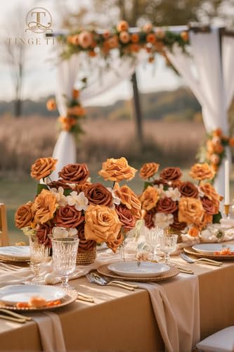 TINGE TIME Artificial Flowers Combo Set, Gradient Color Flower Leaf with Stems for DIY Wedding Bouquets Centerpieces Baby Shower Party Home Decorations(Orange and White) - color: Burnt Orange