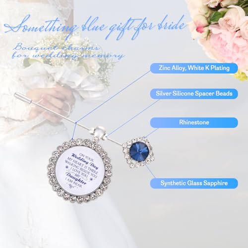 Something Blue Gift for Bride Bouquet Charms for Wedding Memory, Bridal Shower Gifts from Mom,Rhinestone Artificial Sapphire Wedding Gifts Bouquet Dress Pin with Touching Saying - style: My Daughter (WhiteK)