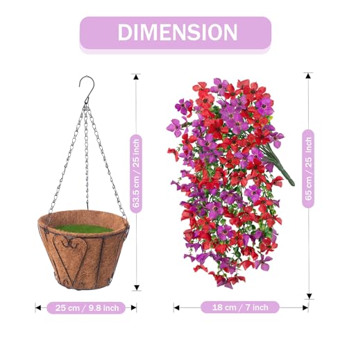 INXUGAO Artificial Hanging Flowers Plants with Basket for Outdoors, Realistic Faux Silk Daisy Flower Eucalyptus for Spring Decor, UV Resistant Fake Plants for Porch Patio Yard Balcony, Red Purple - color: A-purple Red