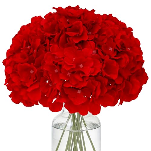 Fake Red Hydrangea Artificial Flowers - Faux Silk Hydrangeas Flowers Heads with Stems Real Touch for Home Wedding Party Table Decor(Red,Pack of 10) - color: Red
