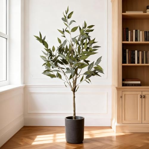 5FT Artificial Eucalyptus Tree,Modern Fake Eucalyptus Plant with Basket,Realistic Fake Potted Plant for Home Office Living RoomDecoration，(Indoor and Outdoor)