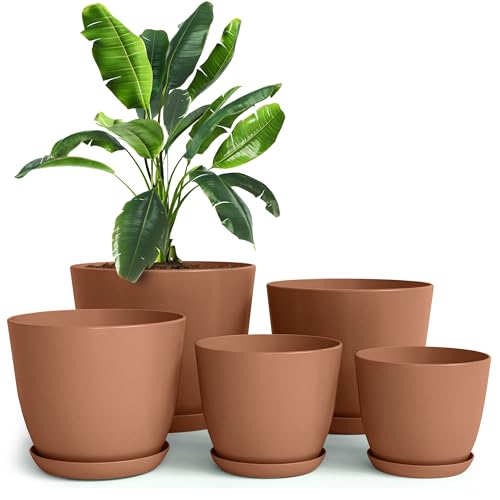 Utopia Home - Plastic Terracotta Pots with Drainage - 7/6.6/6/5.3/4.8 Inches Flower Pots for Indoor Planter - Pack of 5 Plastic Planters, Cactus, Succulents Pot - color: Terracotta, size: Pack of 5