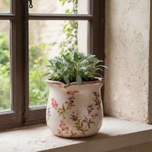 6.11" French Farmhouse Ceramic Flower Pot for Indoor & Outdoor Plants | Vintage Floral Ceramic Planter & Utensil Holder, Decor for Kitchen Counter & Garden, Ideal Housewarming Gift for Home Lovers - color: Cottage Meadow