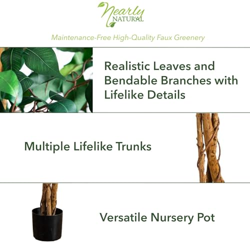 Nearly Natural 4ft Triple Trunk Ficus Silk Tree with Natural Wood Trunks and Dense Foliage, Mid-Size Faux Floor Plant for Home and Office - size: 4ft, style: Tree in Pot