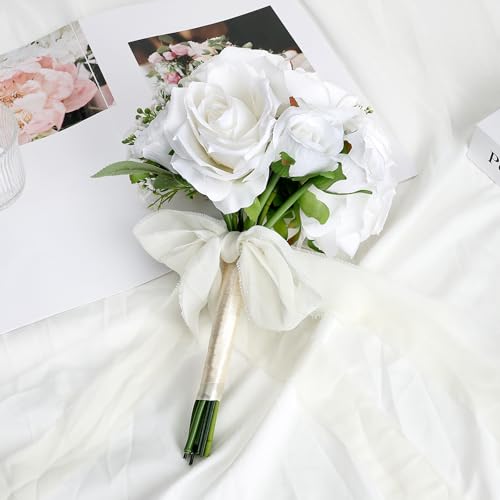 Wedding Bouquet for Bride - Premade Simple Artificial Roses Flowers for Bridal Shower Destination Ceremony Anniversary Decorations - White - color: White