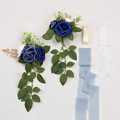 Wedding Aisle Decorations for Wedding Ceremony Set of 10 Pew Flowers for Church Chair Decorations Party Decor with Artificial Flowers Eucalyptus and Ribbons Blue - color: Blue