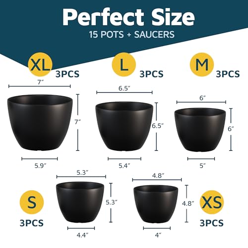 Black Plant Pots with Drainage Holes & Saucers 15 Pack, Indoor & Outdoor Stackable Space-Saving Planters for Houseplants & Flowers, (7", 6.7", 6", 5.3", and 4.8" Inches), Durable & Weatherproof - color: Black, size: Pack of 15