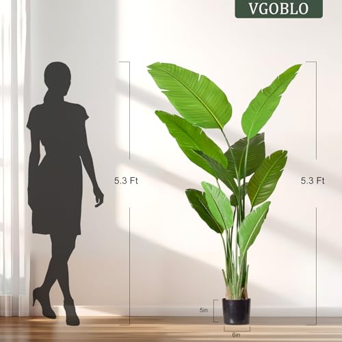 Bird of Paradise Plant Artificial 5.3Ft Tall Fake Tropical Palm Tree with Plastic Pot Silk Floor Plant for Indoor Outdoor Home Office Living Room Decor
