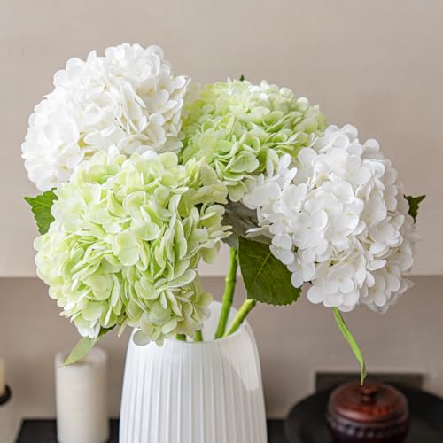 22" Large Real Soft Touch Artificial Hydrangea Flowers Bouquet Latex Hydrangeas for Wedding, Home, Office, Bridal Party Decoration Garden Office Room Table Centerpieces 2 White 2 Light Green - color: 2pcs White 2pcs Light Green