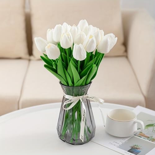 10 Elegant White Tulip Artificial Flowers with Dark Green Leaves - color: White2
