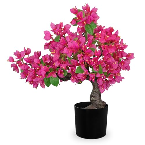 Briful Artificial Bougainvillea Flower Plant 20.8" Bougainvillea Bonsai Tree with Black Pot Silk Bougainvillea Floral Centerpiece for Home Office Dining Table Shelf Bathroom Decor(Hot Pink) - color: Pink