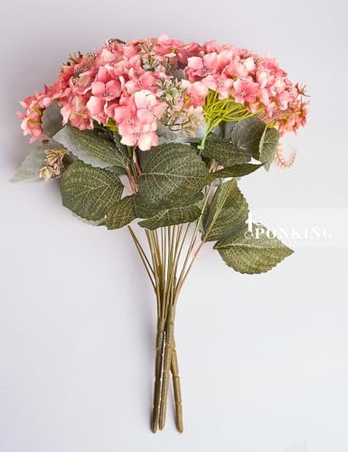 PONKING Hydrangea Artificial Flower 3pcs Realistic Faux Silk Hydrangeas Fake Flowers Bouquets Arrangements Decor for Wedding Spring Mother's Day, Home Table Decorations, Sunset Pink Flower - color: E 3pcs Sunset Pink Hydrangea