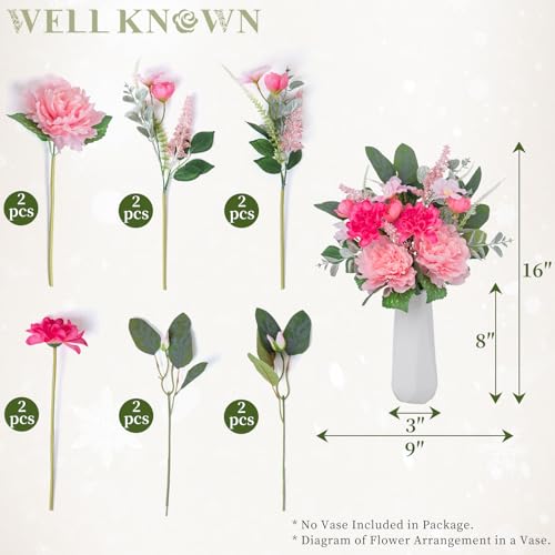WELL KNOWN Artificial Flowers Bouquet, Spring Fake Flowers for Vase, Silk Faux Flowers DIY Table Centerpieces for Wedding, Dining Room, Kitchen, Office, Farmhouse, Mom's Decor & Gift (Pink & Hot Pink) - color: Pink & Hot Pink
