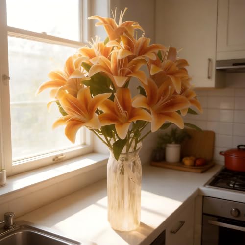 Artificial Lily Flowers,6 Pcs Faux Lily Flowers,23 Inch Long Stem Tiger Lily Branch with 3 Full Blooms and 4 Leaves, Latex Real Touch Lilium Flower for Wedding Bouquet (6, deep Orange) - color: Deep Orange