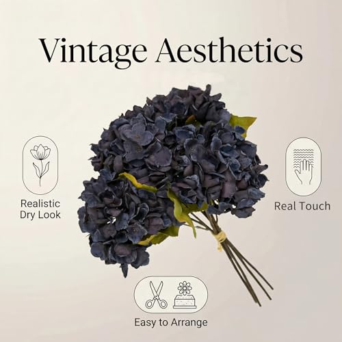 TOPIA Black Silk Flowers Artificial Silk Dried Hydrangea Flowers Artificial Fall Flowers Bouquet Dried Flowers for Home Decor(6 PCS) (Black) - color: Black