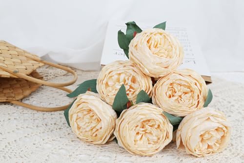 Peony Artificial Flowers 6PCS Champagne Flowers 19.7" Vintage Fake Peonies Silk Flowers with Stems for Wedding Bridal Bouquet Home Party Office Decoration(Champagne) - color: Champagne