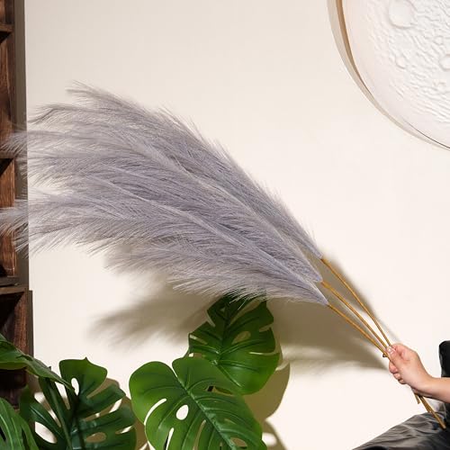 Premium Faux Grey Pampas Grass – 43.3" Tall Fluffy Neutral Decor, 8pcs 18-Branch One-Piece Stems No Assembly, Luxury Silk-Feel Feather Flowers for Modern Minimalist Scandinavian Decor,8 Stems110cm - color: Faux Grey, size: 8pcs 43.3"(110cm)