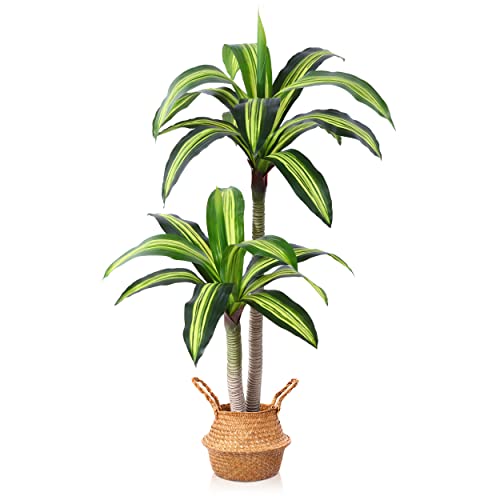 Ferrgoal Artificial Plants, 4 Ft Dracaena Tree Faux Plants Indoor Outdoor Decor Fake Tree with Woven Seagrass Basket Plants for Home Decor Office Living Room Porch Patio Housewarming | Tall Fake Plant With Realistic Leaves,Floor Plant for Home Décor Offic