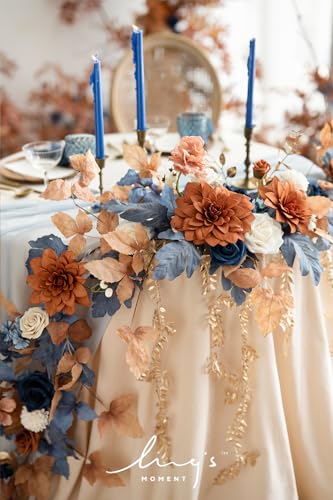 Ling's moment 9FT Eucalyptus & Willow Leaf Garland with White Flower, Handcrafted Wedding Sweetheart Table Centerpieces Head Table Decor Arch Backdrop Decorations for Wedding | Burnt Orange & Denim - color: Or-russet Orange & Denim Blue