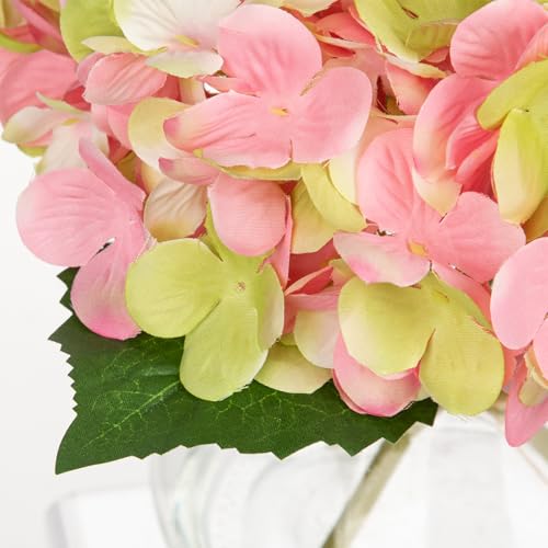 Hollyone Hydrangea Artificial Flowers with Glass Vase Pink-Green Silk Faux Flowers Arrangements in Vase with Faux Water Fake Floral Bulk Bouquet for Home Decor Table Centerpiece Decorations - color: Hydrangea, Pink-green