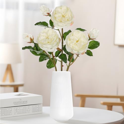 Real Touch Artificial Roses (Set of 3) – 23.6" Long Stem White Garden Roses – Lifelike Faux Silk Flowers for Wedding Bouquets, Home Décor, Centerpieces & Floral Arrangements - color: Creamy White, size: 3 PCS