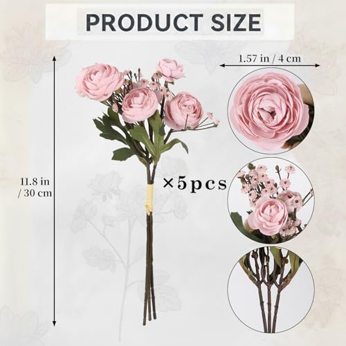 Pink Ranunculus Artificial Flowers 5 Bouquets Fake Silk Mini Ranunculus with Stems 15PCS Faux Peonies Spring Flowers for DIY Wedding Bride Shower Centerpieces Home Vase Filler Decor (Dusty Pink) - color: Dusty Pink