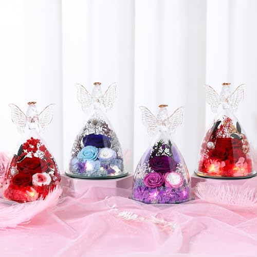 Mothers Day Rose Gifts for Women Preserved Real Flower in Glass Angel Figurines Roses for Delivery Prime Birthday Gifts for Mom Grandma Girlfriend Wife Her, Red Austin Roses - color: Red With Austin Roses