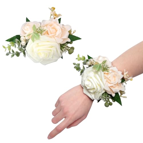 2 Pcs Wrist Corsage for Wedding Light Champagne Wrist Flower Bridal Wristband Flowers Corsages for Women Girls Mother of Bride Prom Anniversary Party Decorations