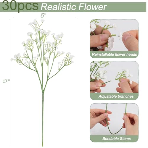 LELEE Baby's Breath Artificial Flowers - 30 PCS Babys Breath Flowers Bulk - Real Touch Fake Gypsophila Bouquets for Wedding Decor, Party Arrangements, Home Decoration, DIY Crafts (White) - color: 30pcs Flower