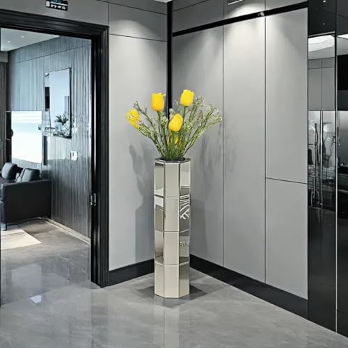 28" Tall Floor Vase, Mirror Silver Large Flower Vases for Home Decor, Mirrored Glass Decorative Modern Vase for Living Room,Office,Centerpiece (Silver Octagon:7.1''L X 7.1''W X 28''H) - size: Silver Octagon:7.1"L X 7.1"W X 28"H