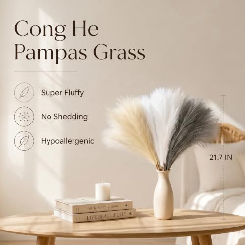 30Pcs Artificial Pampas Grass Decor - 21.7" Fluffy White Beige Grey Faux Flowers for Vase, No Shed Boho Room Decor, Wedding Table Centerpieces & Photography Props - size: White Grey Beige