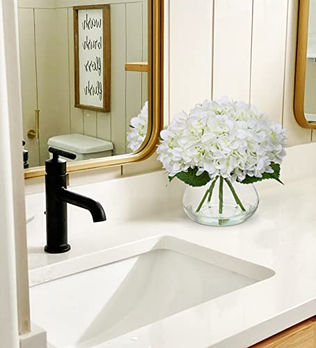 Hollyone Hydrangea Artificial Flowers with Vase White Silk Fake Flowers Arrangements in Glass Vase with Faux Water for Home Bathroom Office Table Centerpiece Shelf Decorations - color: Hydrangea, White