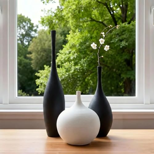 Relexome Black and White Ceramic Vase Modern Wabi-Sabi Flower Vase Set of 3 Decorative Aesthetic Vases for Centerpieces Matte Minimalist Vases for Living Room Table Shelf Home Decor Gift - color: 2black+white