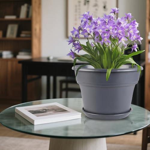 Myfeegoin 8-inch-Plant-Pots-Indoor-Outdoor, 4 Pack Plastic Planters with Drainage Holes & Saucers, Resin Flower Pots with Trays, Classic Garden Pot Container for House - color: Gray, size: 8inch