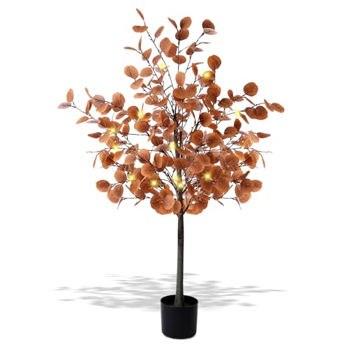 1 Pcs 4ft Lighted Fall Eucalyptus Leaves Branches Artificial Autumn Ficus Fall Long Silver Dollar Leaves Fake Silk Eucalyptus Stems with Lights Faux Tree Decor for Porch Front Outdoor - color: Yellow Brown