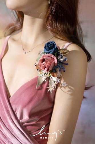 Ling's moment 2pcs Prom Wrist/Shoulder Corsage Artificial Flower, Girl/Mother Homecoming/Wedding Corsage Wristlet Décor, etc. Dusty Rose Navy Blue - color: Pk-dusty Rose & Navy Blue