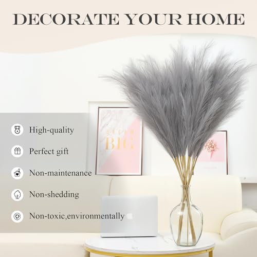 43" Grey Pampas Grass Decor - 8 PCS Faux Pampas Grass Tall Pompas Floral Arrangement and Vase Filler for Wedding, Boho Home, Baby Shower, Mother's Day Decoration - color: Grey