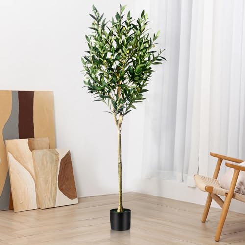 5FT Olive Tree Artificial Indoor - Tall Faux Olive Tree with Wood Trunk and Lifelike Fruits - Fake Plants in Pot for Home Office Living Room Decor - size: 5ft