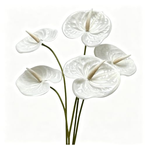 5 PC 24inch Artificial Anthurium Lily Flowers Permanent for Home Decor Bouquet and Green Leaf for Home Bridal Wedding Festival Party, Crafts, Store Decor Small Flower Bouquet Accessories (Pure White) - color: Pure White