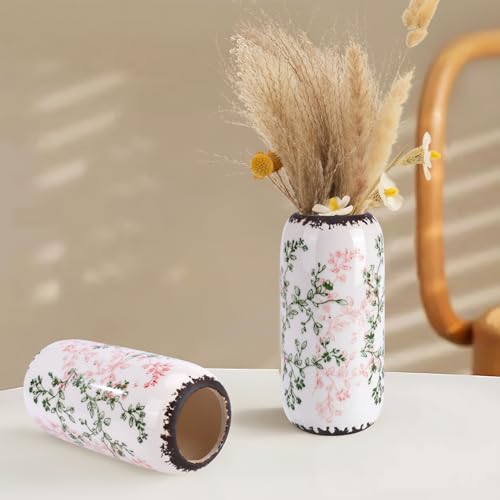Ceramic Vase for Flowers – Modern Small Ribbed Textured Flower Vase for Home Decor, Pampas Grass, Decorative, Farmhouse, Coffee Table, Kitchen Centerpieces, Bookshelf and Home Living (Green and Beige) - color: Green and Beige