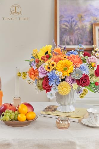 TINGE TIME Fake Flowers Artificial Flowers Peonies Bulbous Chrysanthemum Daisy Hydrangea Sunflower Violets Dahlia Daffodils Epiphyllum Orchid Cherry Blossom Camellia Leyaron (Rainbow Colorful) - color: Rainbow Colorful