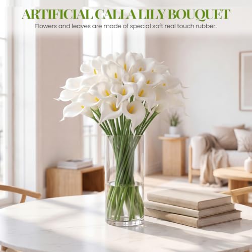 24 Pcs White Artificial Calla Lily Flower Real Touch White Fake Silk Flowers for Wedding Office Home Kitchen Decor