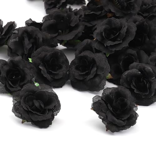 100 Pcs Mini Black Roses Artificial Flowers Bulk, 1.9" Small Silk Fake Roses Flower Heads for Decoration, Wedding Centerpieces Bridal Shower Party Home Decor,DIY Crafts (Black) - color: Black