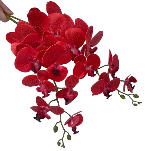 FagusHome Artificial Phalaenopsis Flowers Branches 9 Large Blooms Artificial Orchid Flowers Stem Plants 42 Inches 2 Pcs for Home Wedding Décor (Red Piebald) - color: Red Piebald