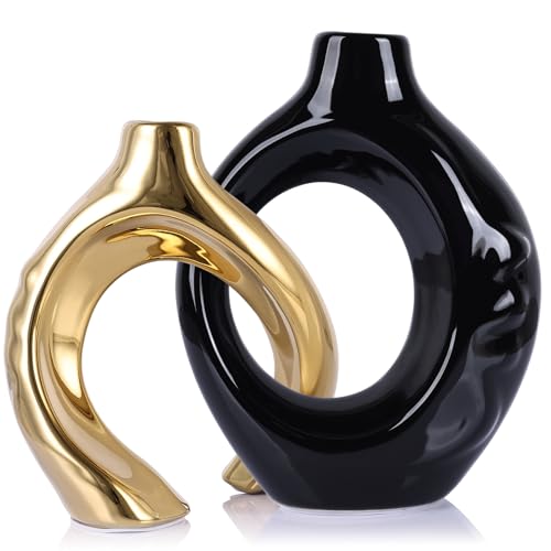 LCCCK Boho Black and Gold Ceramic Vases for Home Decor - Small Hollow Donut Vases for Living Room Table Wedding Centerpiece - color: Black and Gold